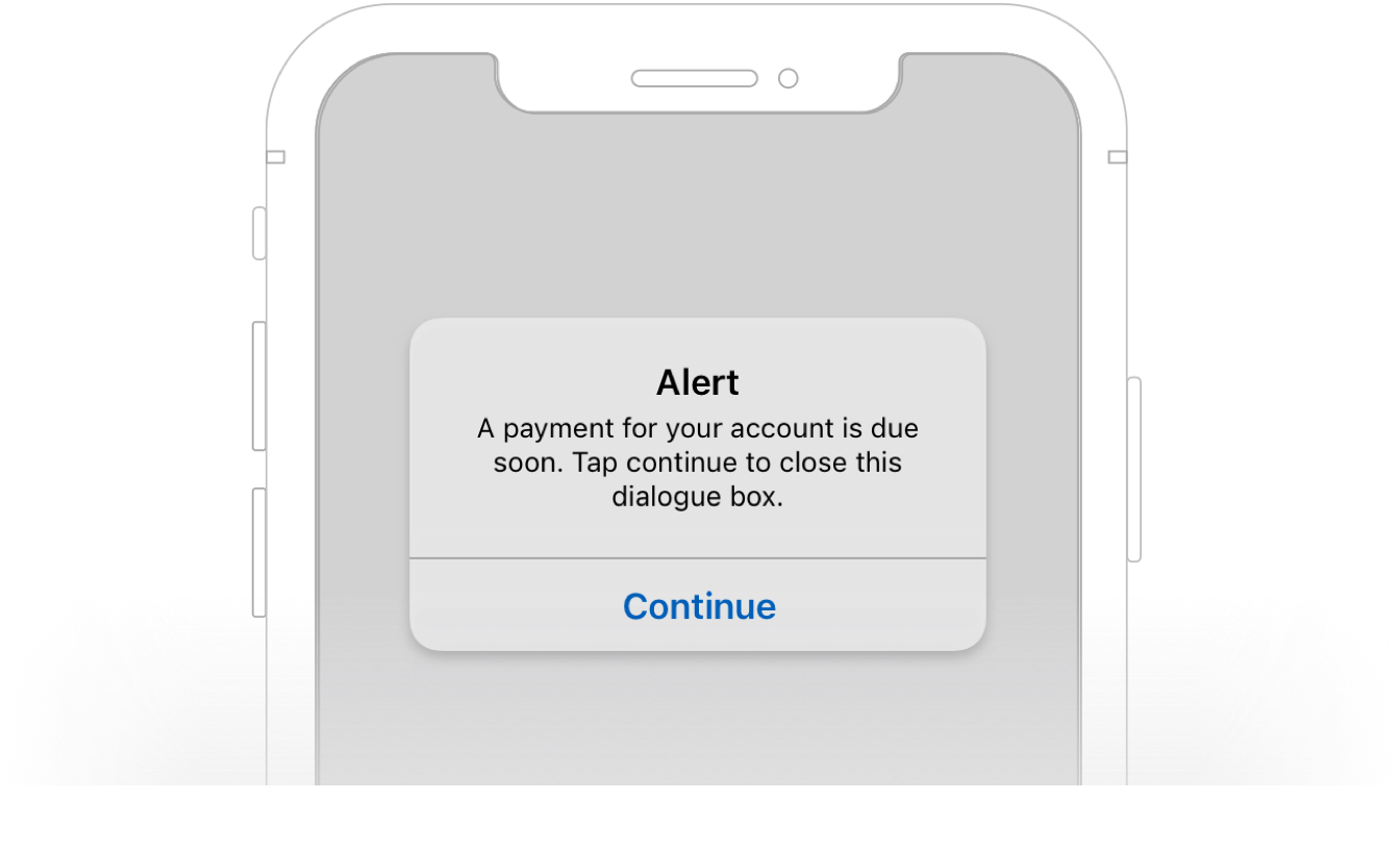 Smartphone alert reads: A payment for your account is due soon. Tap continue to close this dialogue box.