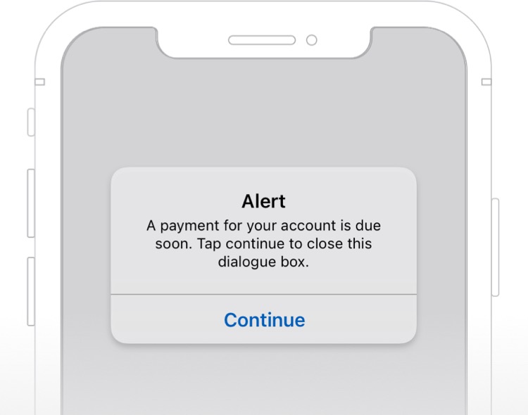 Smartphone alert reads: A payment for your account is due soon. Tap continue to close this dialogue box.