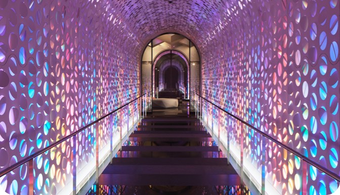 A colorful pedestrian tunnel at the W Hotel in Osaka, Japan