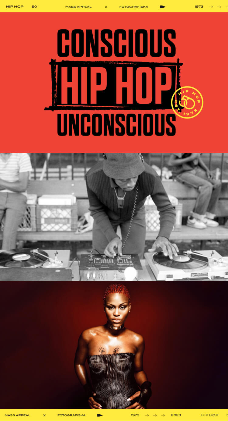 The official logo for Hip-Hop: Conscious, Unconscious; Rapper Eve, 2001, photographed by Sacha Waldman; DJ KaySlay performs in the Bronx in 1982. Photographed by Henry Chalfant.