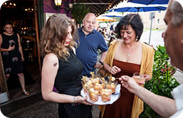 Guests enjoy Louisiana poached shrimp at a Bayou themed cocktail party