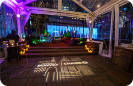 The holiday light display on the outdoor patio with Marriott Bonvoy | Chase branding