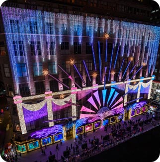 The holiday light show at Saks Fifth Avenue, as seen from 620 Loft and Garden
