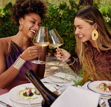Two guests seated at a patio table share a toast with their wine glasses