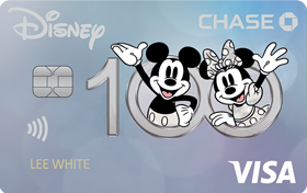 Disney Rewards VISA (Registered Trademark) Cards from CHASE with black and white Mickey and Minnie Disney 100 design