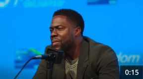 Video thumbnail of a close up of Kevin Hart speaking at a press conference