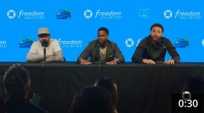 Video thumbnail of Allen Iverson, Kevin Hart, and Stephen Curry participating in a press conference