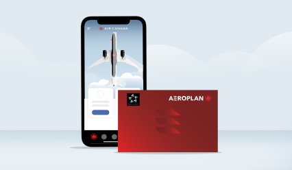 Illustration of Aeroplan program card and smartphone featuring the Air Canada app