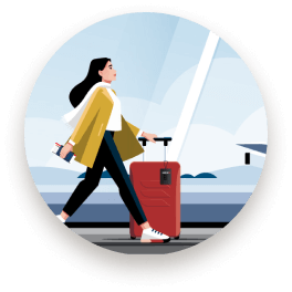 Illustration of a woman walking with her luggage through an airport terminal
