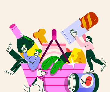 An illustration of an oversized grocery basket stuffed with cheese, wine, and other foods; a man is sitting in the basket as a woman puts food into the basket.
