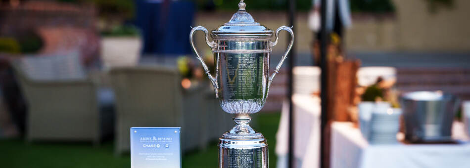 A golf trophy on display at the Torrey Pines Golf Course