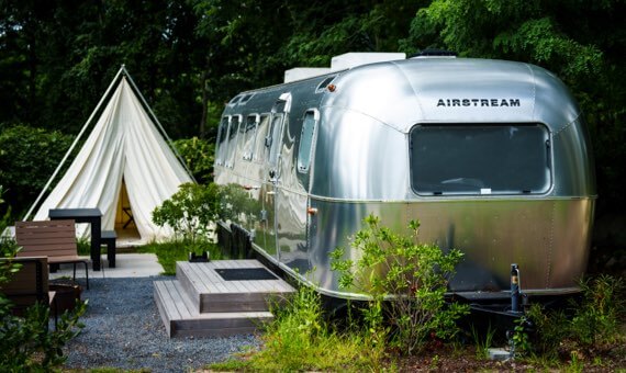 The Cape Cod Clamping accommodations: a 31-foot Airstream trailer with lawn amenities