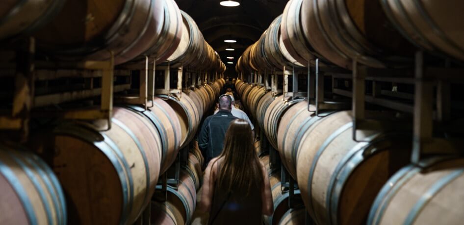 Guests walk through multiple casks in a cellar during a wine tour
