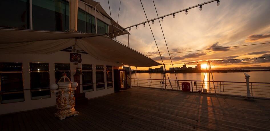 The deck of the Royal Yacht Britannia at sunset
