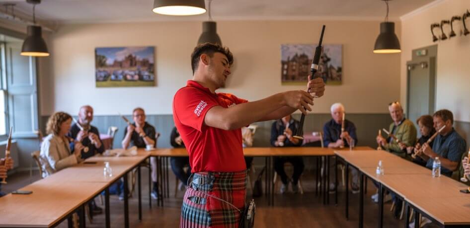 A bag piper demonstrates a bag pipe in front of guests