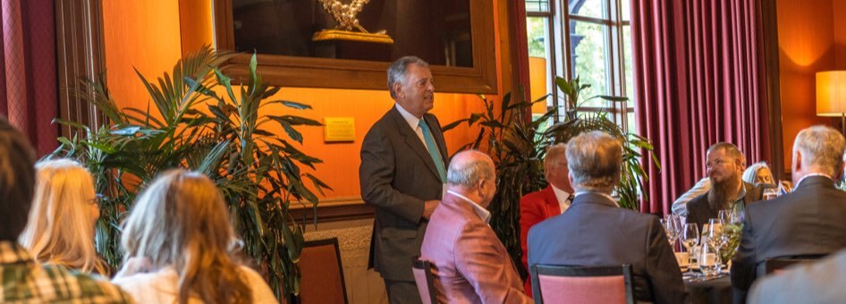 Golfing legend Bernard Galacher speaks with guests at The Royal Burgess Golf Club