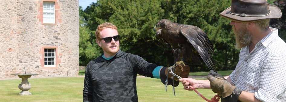 An expert falconer stands with a guest has he holds a falcon