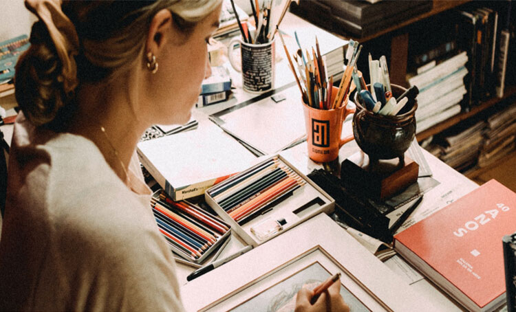 An overhead shot of an artist sitting at her desk, working on a piece with colored pencils