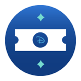 White movie ticket icon with Disney logo inside a blue circle