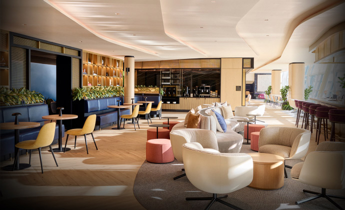 Sapphire Lounge at John F. Kennedy International Airport, New York, with round tables, armchairs, a bar area, and large windows.