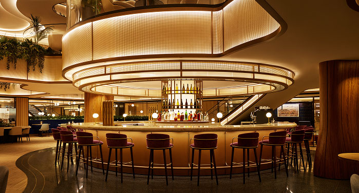 The main bar at the Sapphire Lounge by the Club at LaGuardia Airport