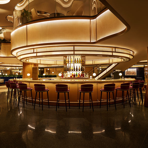 The main bar at the Sapphire Lounge by the Club at LaGuardia Airport