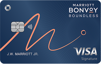 MARRIOTT BONVOY BOUNDLESS Credit Card. Contactless icon. VISA Signature.
