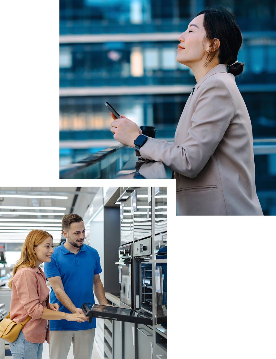 Two Images.  Top image: Woman smiling with relief while looking at her smartphone. Bottom image: A young couple shops for appliances.