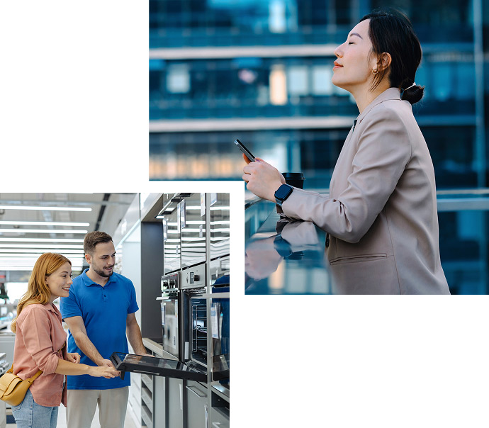 Two Images.  Top image: Woman smiling with relief while looking at her smartphone. Bottom image: A young couple shops for appliances.