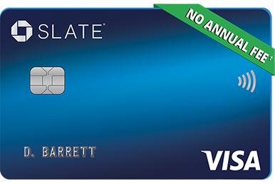 Slate credit card art. NO ANNUAL FEE dagger refer to Pricing and Terms