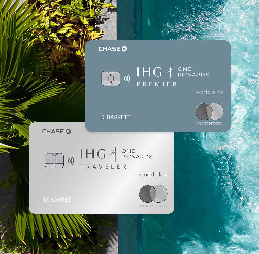 IHG Premier and IHG Traveler credit cards displayed over tropical shoreline and ocean.
