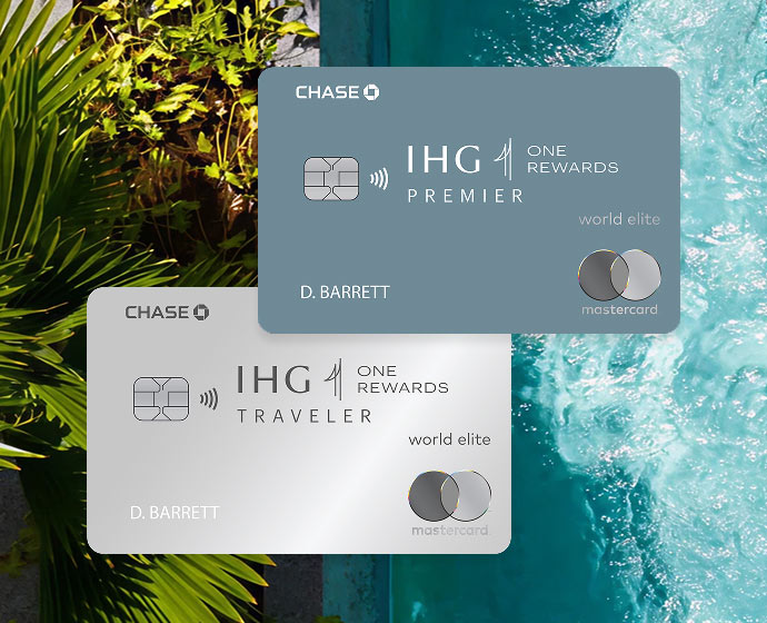 IHG Premier and IHG Traveler credit cards displayed over tropical shoreline and ocean.