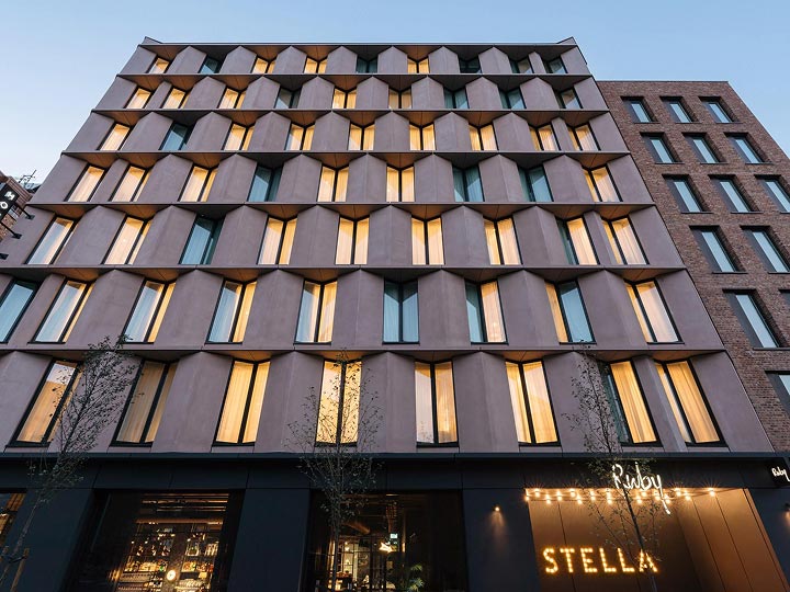 Exterior facade of Ruby Stella Hotel London with patterned windows