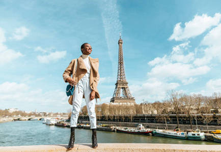A model in front of the Eiffel tower in Paris