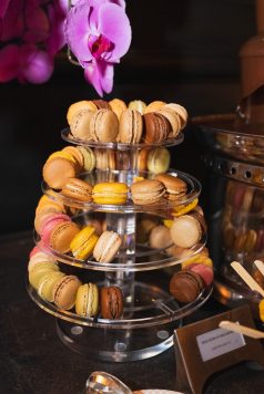 Colorful macarons on dessert stand