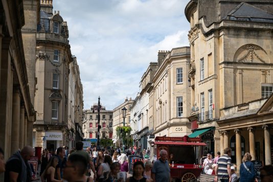 Crowded city shopping street