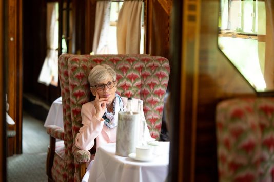 Passenger seated in train dining car