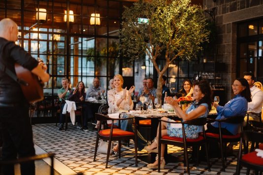 Musician performing to seated dinner guests indoors.