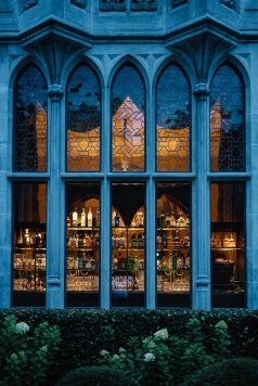 Blue window with stained glass interior view.