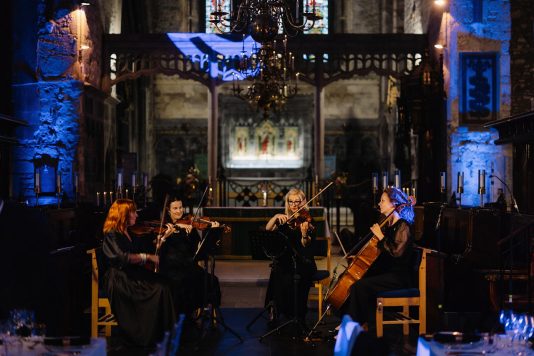Cathedral interior during a live performance.