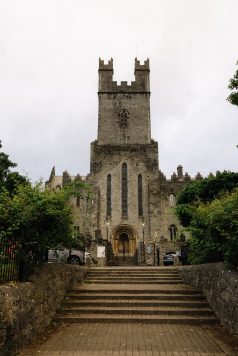 Exterior of a stone church building.