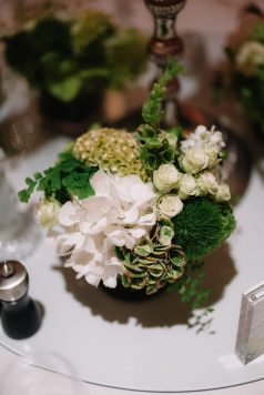 Close-up of a green and white floral bouquet.