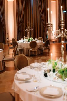 Elegant dining room with warm lighting.