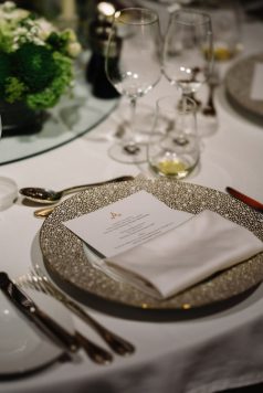 Close-up of a formal table setting and menu.