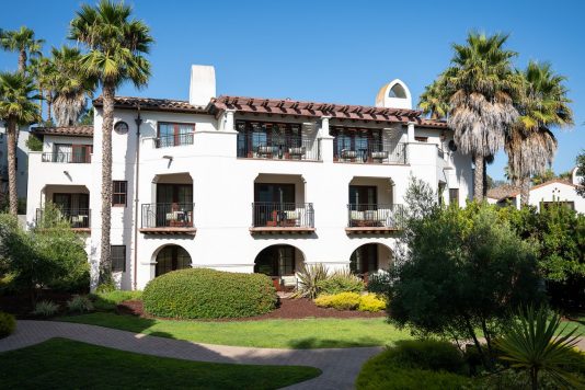 Resort building surrounded by palm trees