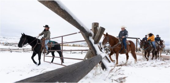 Horseback riders in snowy landscape