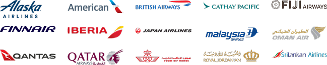 oneworld partner airlines: Alaska Airlines, American Airlines, British Airways, Cathay Pacific, Fiji Airways, Finnair, Iberia, Japan Airlines, Malaysia Airlines, Oman Air, Qantas, Qatar Airways, Royal Air Maroc, Royal Jordanian, SriLankan Airlines.