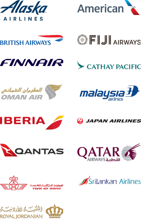 oneworld partner airlines: Alaska Airlines, American Airlines, British Airways, Cathay Pacific, Fiji Airways, Finnair, Iberia, Japan Airlines, Malaysia Airlines, Oman Air, Qantas, Qatar Airways, Royal Air Maroc, Royal Jordanian, SriLankan Airlines.