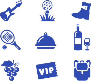 Guitar icon, Golf icon, Boots icon, Tennis icon, Food cover icon, Wine icon, Grape icon, VIP icon, Bag icon