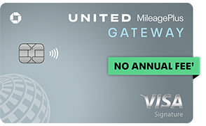 Clickable card art links to United Gateway (Service Mark) Card. NO ANNUAL FEE (dagger) product page